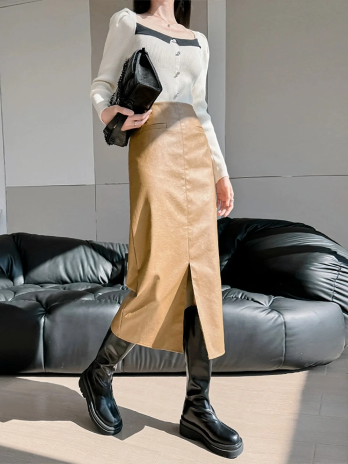 

Women's PU Leather Skirt High Waist A-Line Midi Zipper Casual Sle Front Slit Skirts for Young Girls Spring Autumn