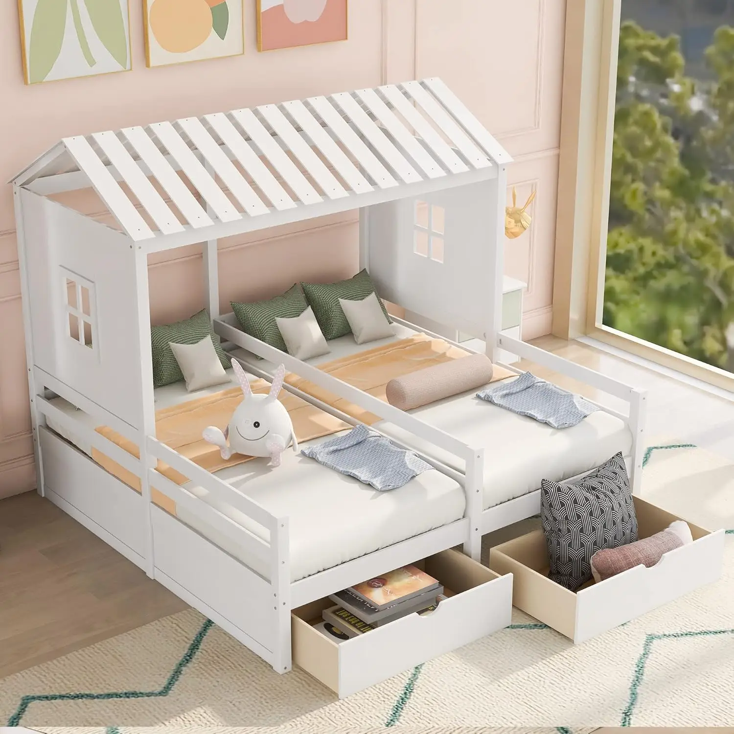 

P PURLOVE Twin Double Shared Bed,Twin Size House Platform Beds with Two Drawers for Boy and Girl Shared Beds, Montessori House