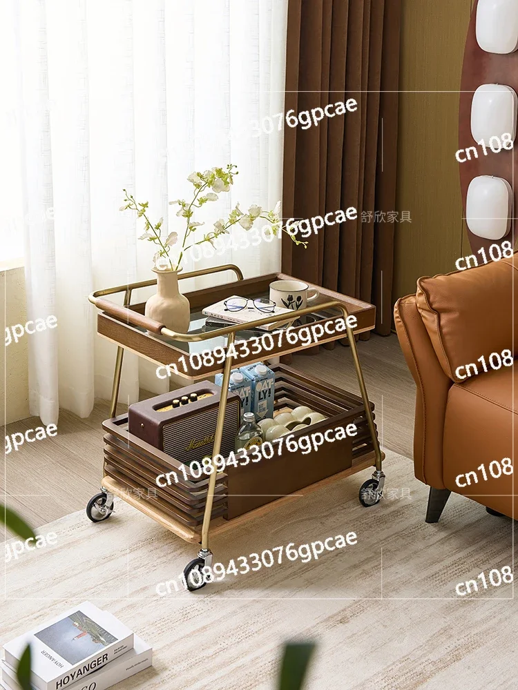 Ash Wood Edge Few Living Room with Wheels Small Coffee Table Antique Solid Wood Movable Sofa Edge Few Grille Trolley