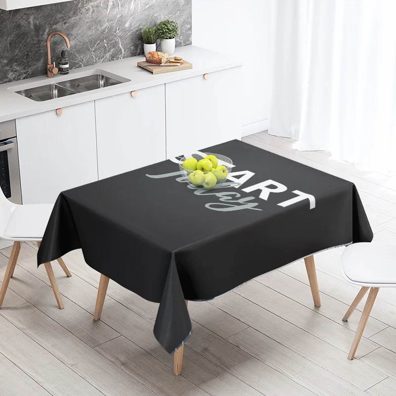 Modern Black Rectangular Tablecloth with White Text for Kitchen or Dining Room Decoration-various Sizes To Choose From