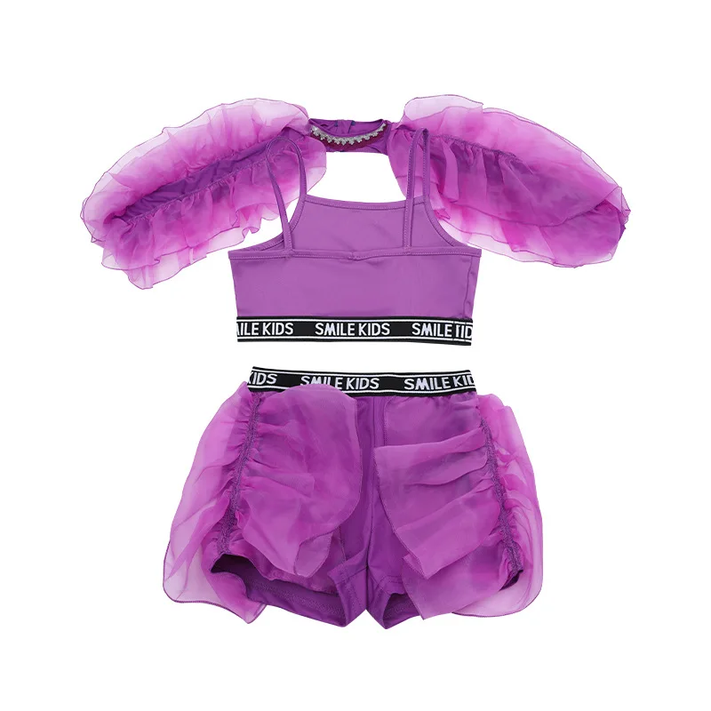 Kids Hip Hop Dance Clothes Concert Stage Performance Wear Girls Jazz Dance Costume Purple Fluffy Sleeves Suit