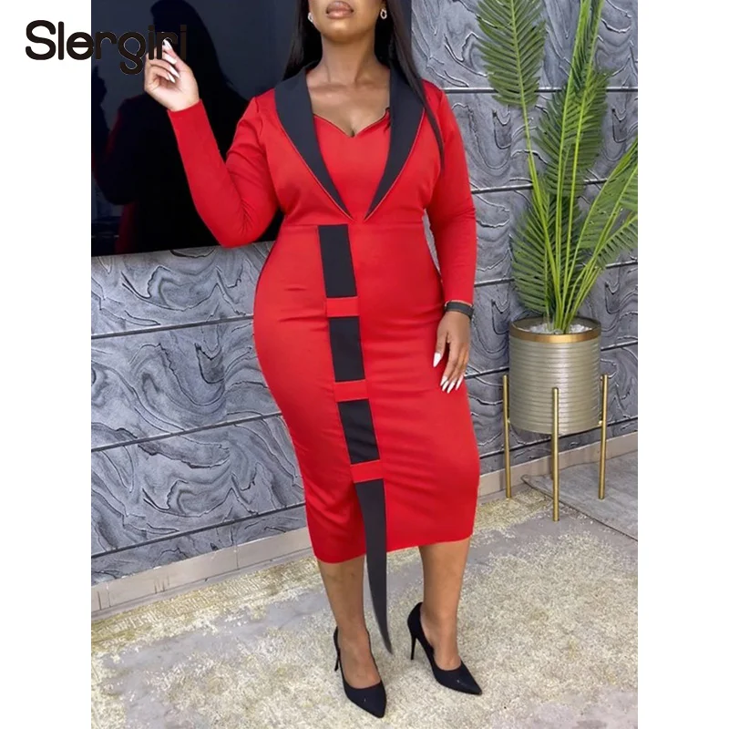 

Женское платье Slergiri больших размеров с контрастными вставками, миди, весна 2026, новинка, с длинным рукавом, элегантное офисное облегающее платье-карандаш