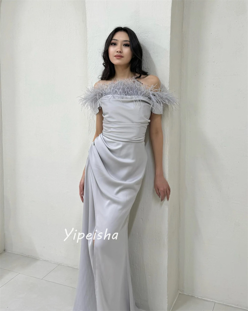 Formal Off the Shoulder A-line Feathers Pleat Ruched Floor-Length Satin Bespoke Occasion Dresses Evening 