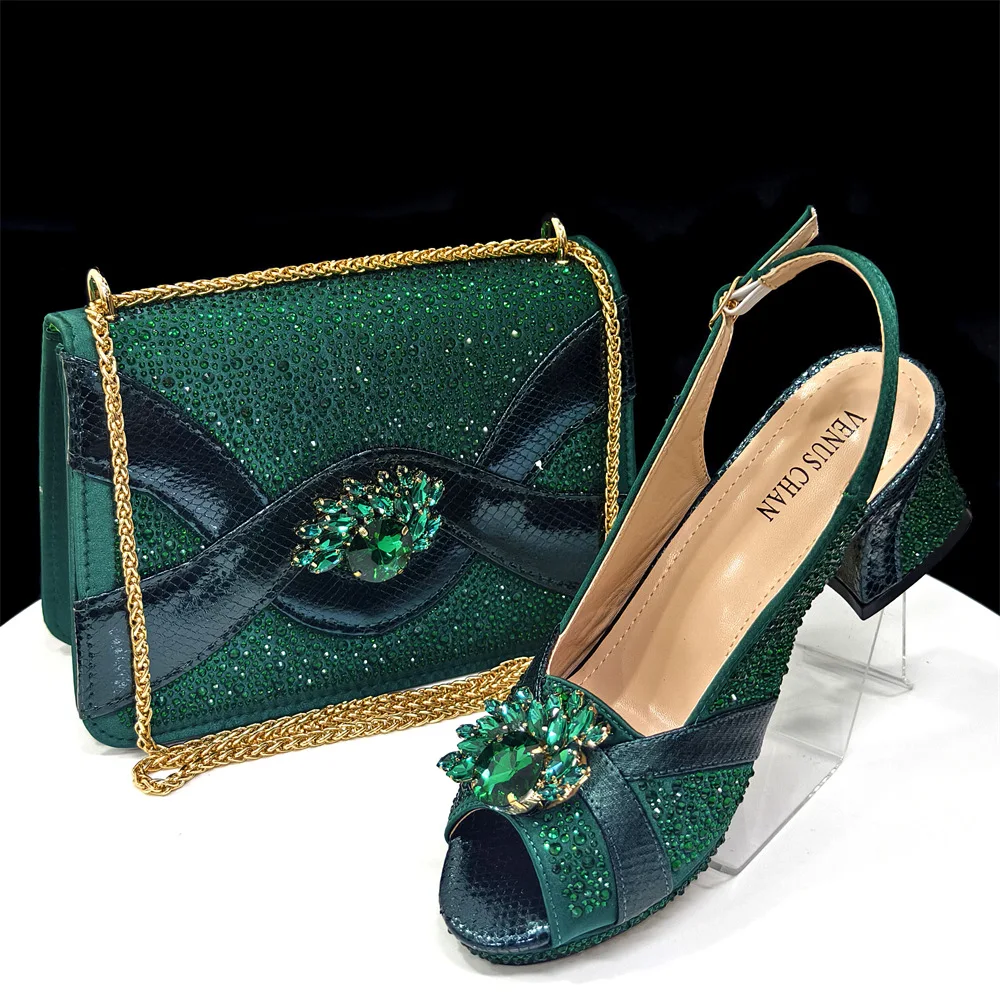 

Bow pink fish mouth with diamond thick heel artificial PU patent leather sandals with rhinestone small bag set