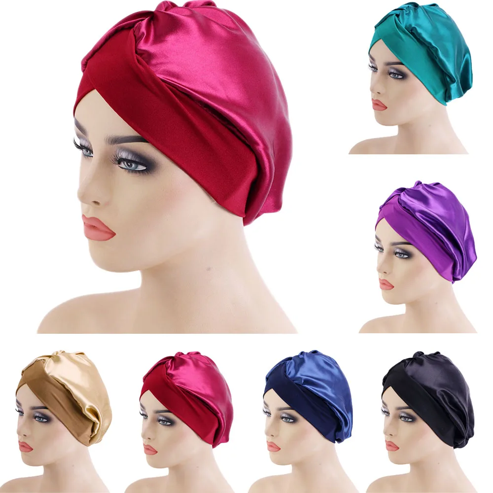 

2024 New Fshion Women Satin Night Sleep Cap Hair Bonnet Hat Silk Head Cover Wide Elastic Band Ethnic Solid Turban Hair Loss Hat