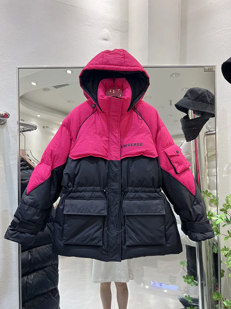 Down Jacket Women 2023 winter High-End Splicing Color Contrast Hooded Thick Design Sense Thick White Duck Down Cargo Coat Female