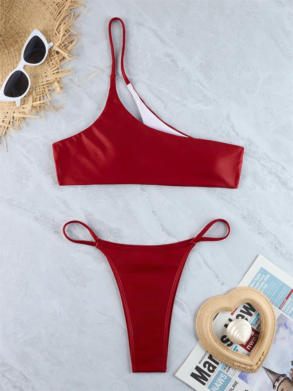 RED Sexy Extrem Bikini One-shoulder Micro String Swimsuit Thong Y2K Trend Women Split Swimwears Beach Bath Suit Vacation Outfits