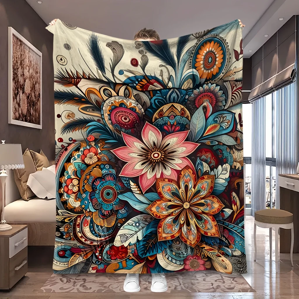 1pc Vibrant Multicolor Peony Boho Floral Print Flannel Blanket, All-season Usable and Comfortable, Suitable for Blankets, Kid Be