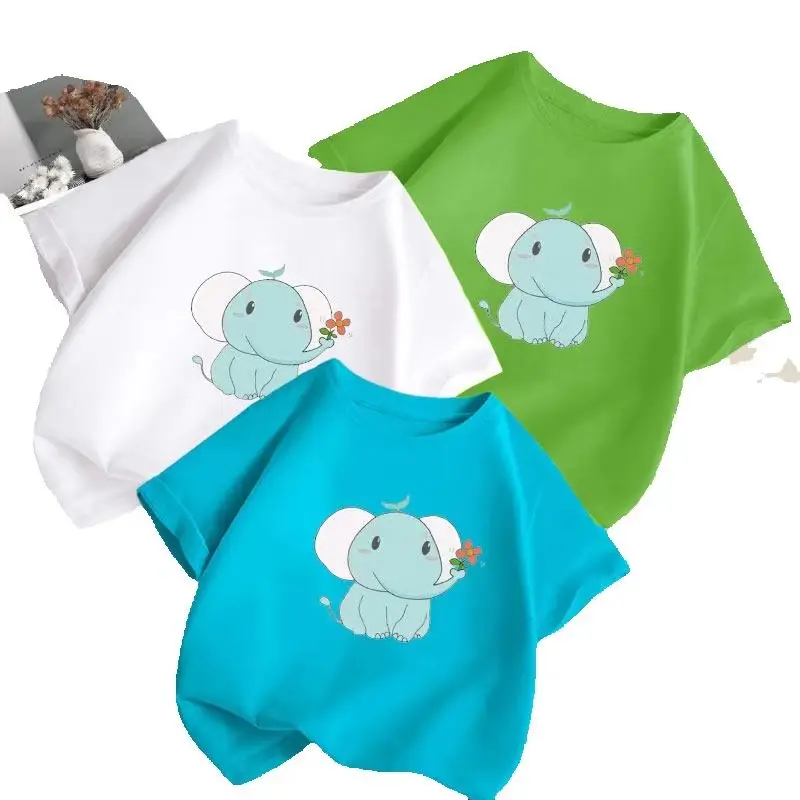 2026 New Elephant Pattern Girls' T-shirt Short Sleeved Summer Top Summer Boys' Cartoon Top Fashionable Parent-child Outfit
