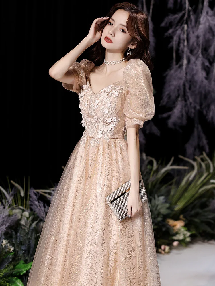 Square Collar Mesh Bridesmaid's Dress Appliques Pleated Evening Party Gown Women Long Bandage Dresses Puff Sleeve Robe De Soiree