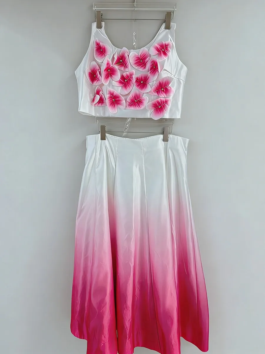 Twotwinstyle hit color moda conjuntos de duas peças para mulheres pescoço quadrado sem mangas emendado flor 3d topo saia de cintura alta conjunto feminino