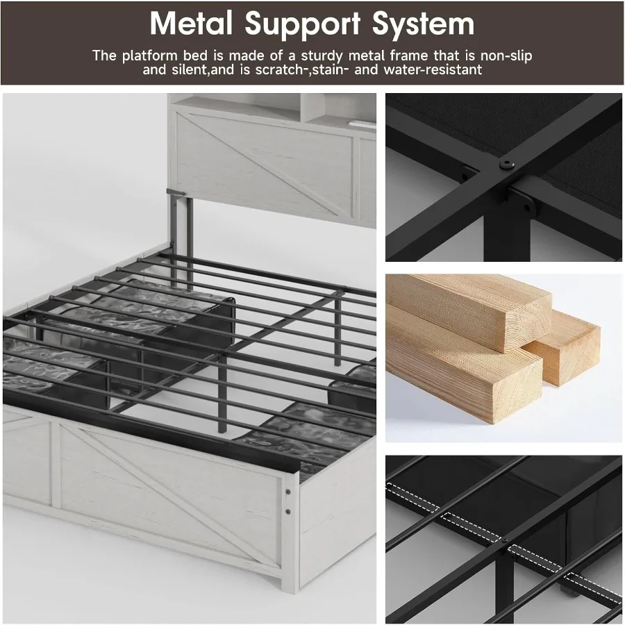 إطار سرير كامل الحجم للمزرعة مع 48 لوح رأسي للتخزين طويل القامة، منصة خشبية لغرفة النوم، إطار سرير بدون صندوق زنبركي، 4 أدراج تخزين