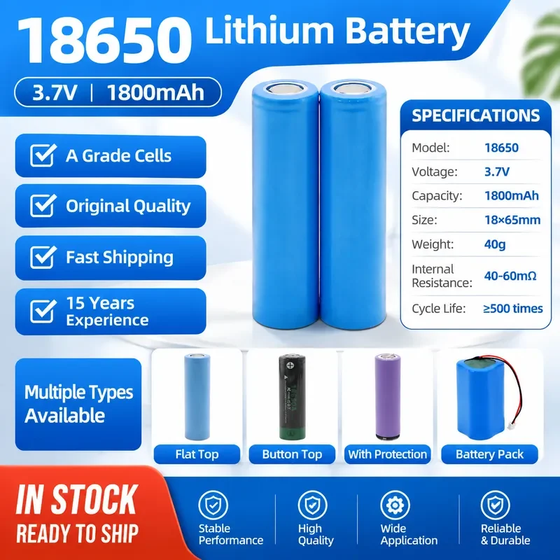 10PCS 18650 Lithium Battery 1800mAh Rechargeable for Power Tool Strong Light Flashlight Electric Vehicle Small Fan