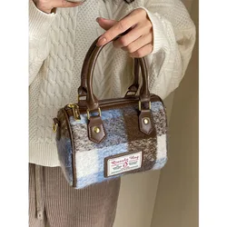 Vintage Women Tweed Bucket Bags Mini Cute Contrast Plaid Print Casual Crossbody Bags Portable Large Capacity Shoulder Pack