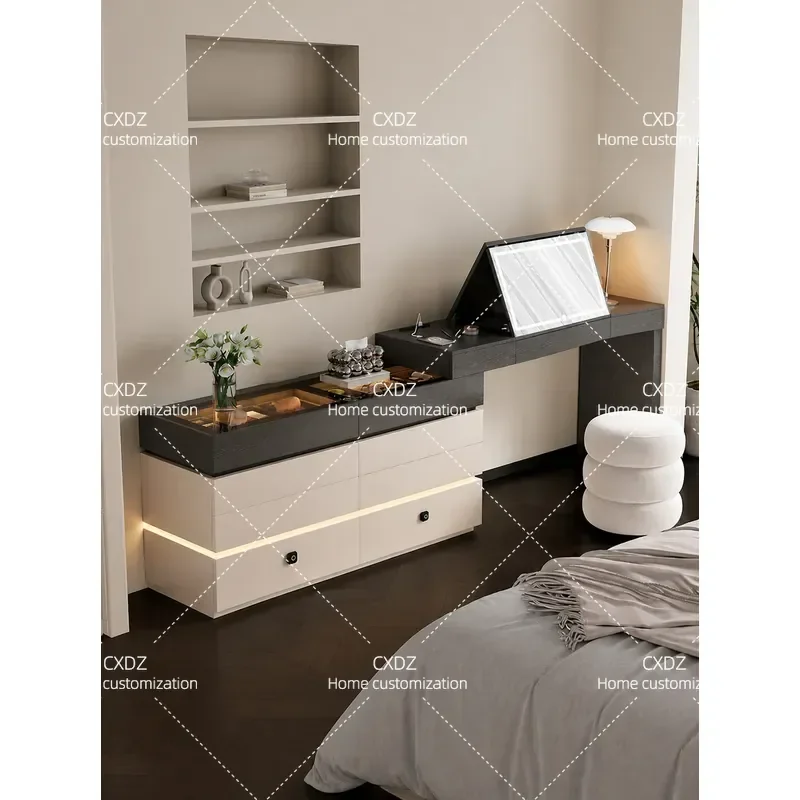 Italian Minimalist Solid Wood Dresser Chest Integrated Cabinet Table Combo with Lock Retractable End of Bed Storage Locker