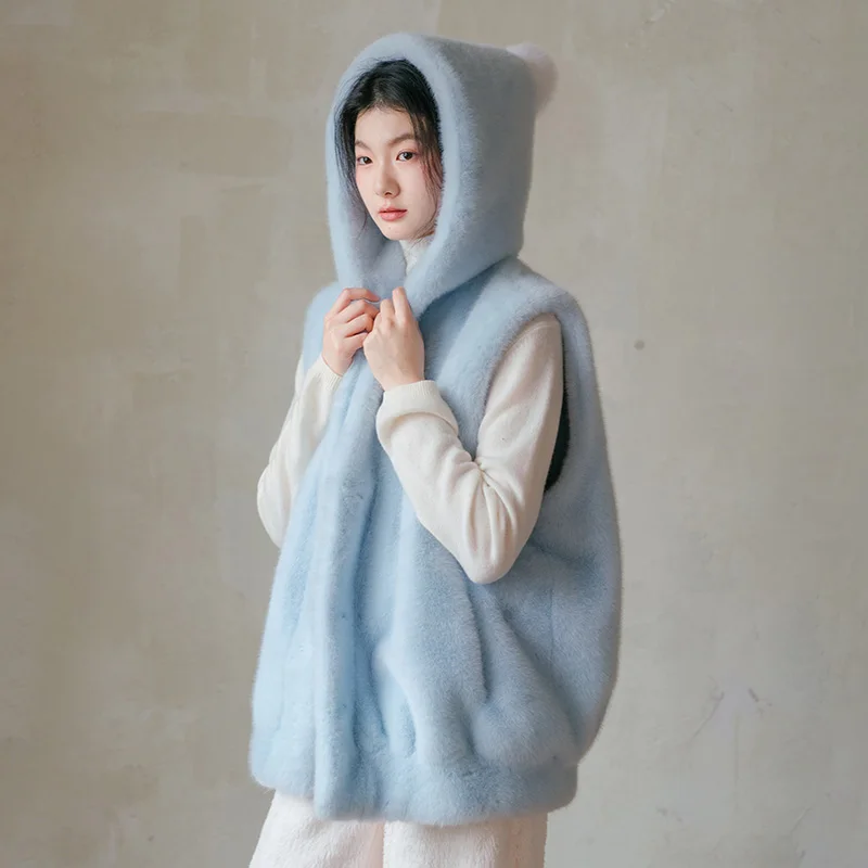 

Светло-голубой меховой жилет «Blue Rabbit» от Bluwhite, женское пальто с капюшоном Sweet Sle Long Sve, тонкое, свободного кроя, стандартного размера