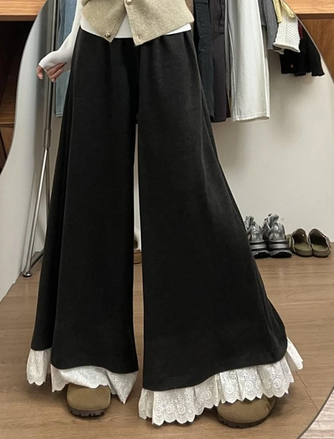 

Dark Gray Lace Lace Patchwork Wide Leg Skirt for Women's Autumn Casual A-line Half Body Long Skirt Pants