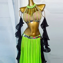 Belly Dancer Costume Set for Women Oriental AB Stones Bra Top+ Long Skirt+sleeve Custom Adult Belly Dancing Wear Outfit