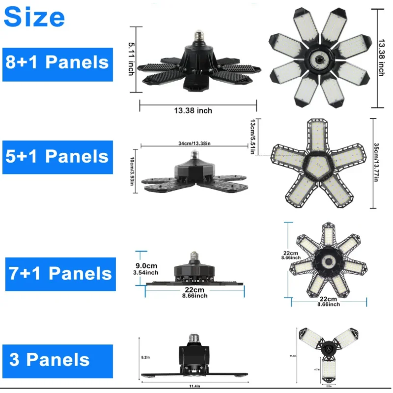 Deformable LED Garage Light with 3/5/7/8 Adjustable Panel E26/E27 LED Bulb Night Lamp for Workshop Warehouse Shop Ceiling Light