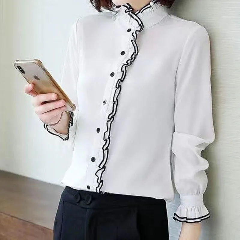 Autumn Winter Ruffles Fashion Spliced Long Sleeve Shirt Women\'s Clothing Elegant Commute Stand Collar Solid Color Button Blouse