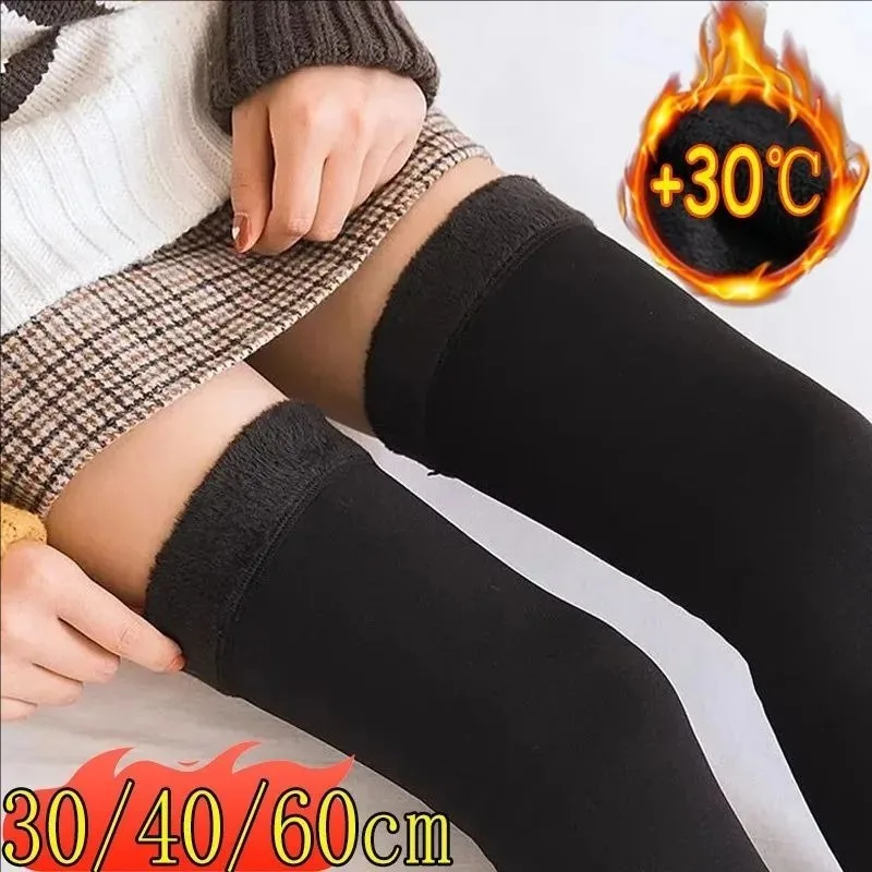 30/40/60cm Winter Women Stockings Solid Thickened Over The Knee Socks Fleece Lined Warm Snow Thigh Thermal Sock Women's Leggings