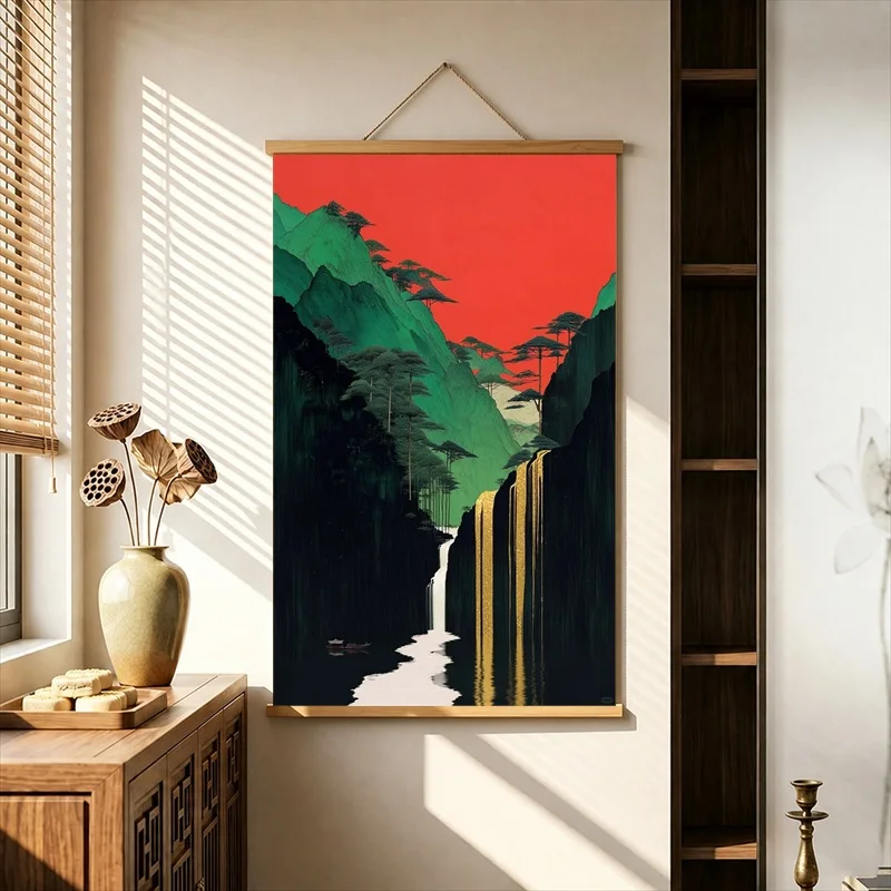 Wall Decorations Red Sky Green Mountains and Gold Waterfall, Pearlescent Canvas Hanging Scroll for Boutique Hotel Decor