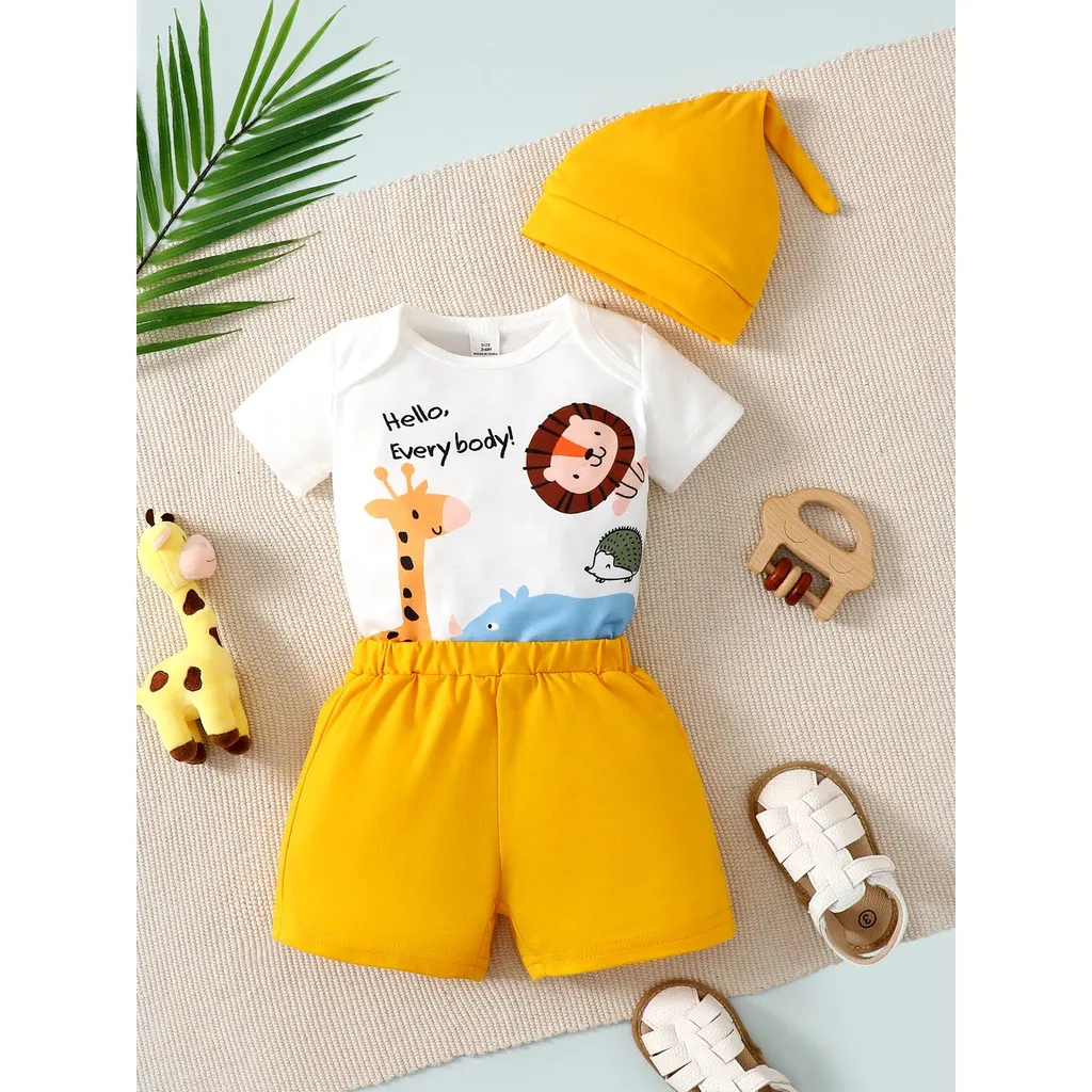 1-24 Months Newborn Baby Boy 3pcs Clothing Set White Cartoon Short Sleeve Top+Yellow Shorts+Hat Fashion Cute Summer Daily Wear