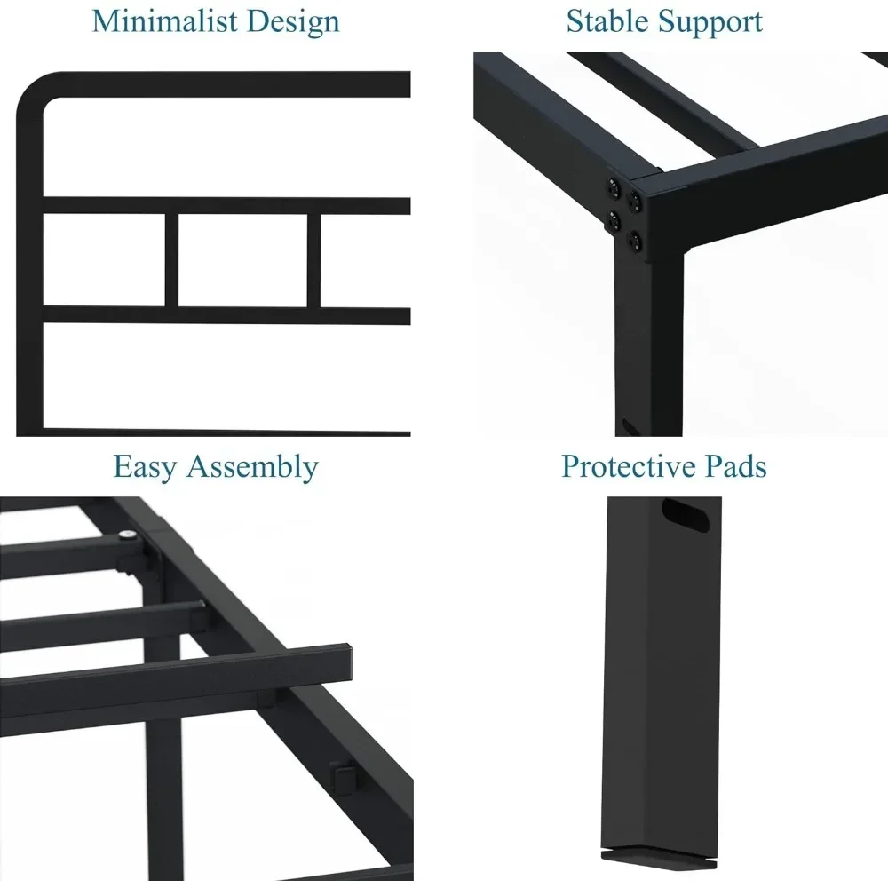 Cadre de lit avec tête de lit, lattes en acier, cadre de lit à plateforme Queen en métal robuste, aucun ressort requis