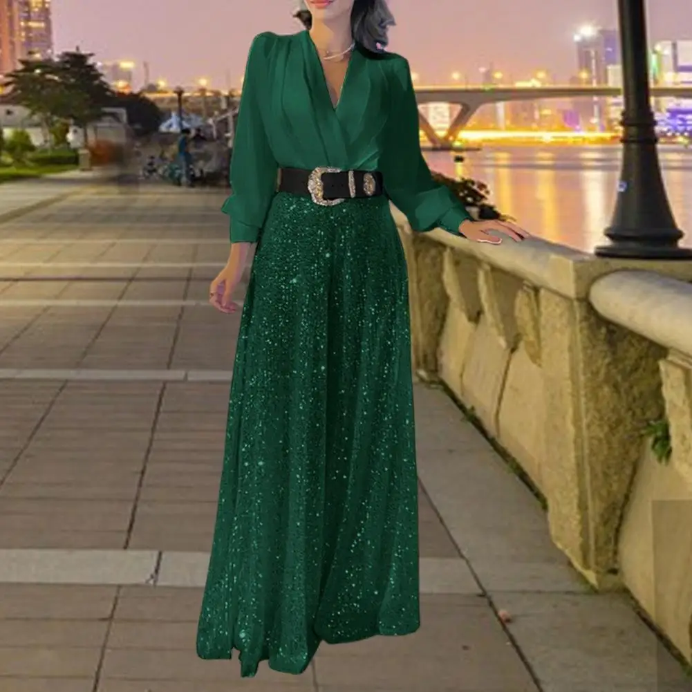 Lantern Sleeve Jumpsuit Sequin Wide Leg Jumpsuit with Deep V Neck High Waist Belt for Prom Cocktail Party Wedding Women's Shiny