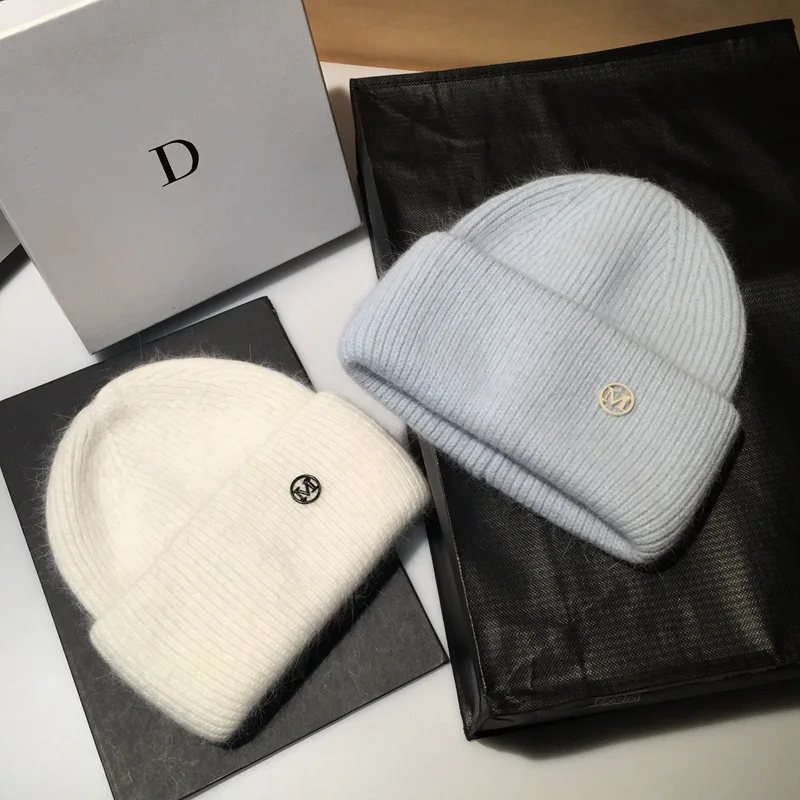 Fashion Simple Letter M Wool Skullies Beanies Real Rabbit Fur Knitted Hat Women Winter Warm Hats Female Outdoor Skull Beanie Hat