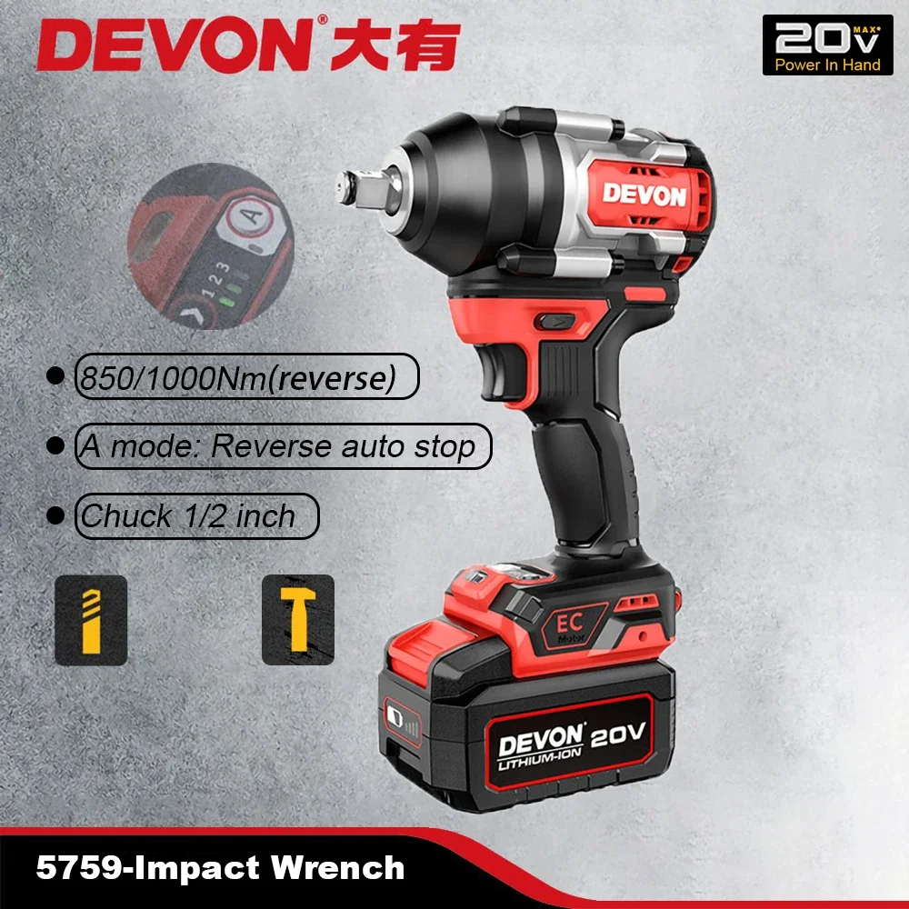 

DEVON 20v Cordless Impact Wrench Heavy Duty Brushless Motor 5759 850Nm Torque Adjustable 2400rpm 2700ipm Share Flex Battery