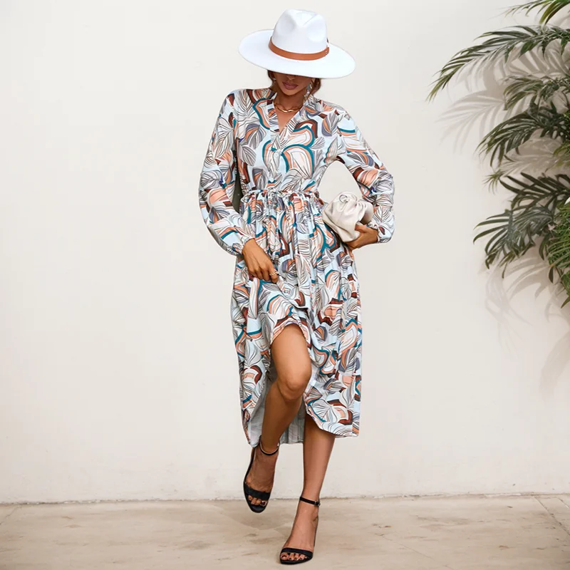 Retro Print Elegant Dresses New Women's Europe And The United States In The Fall Leaf Print Medium-length Long-sleeved Dresses