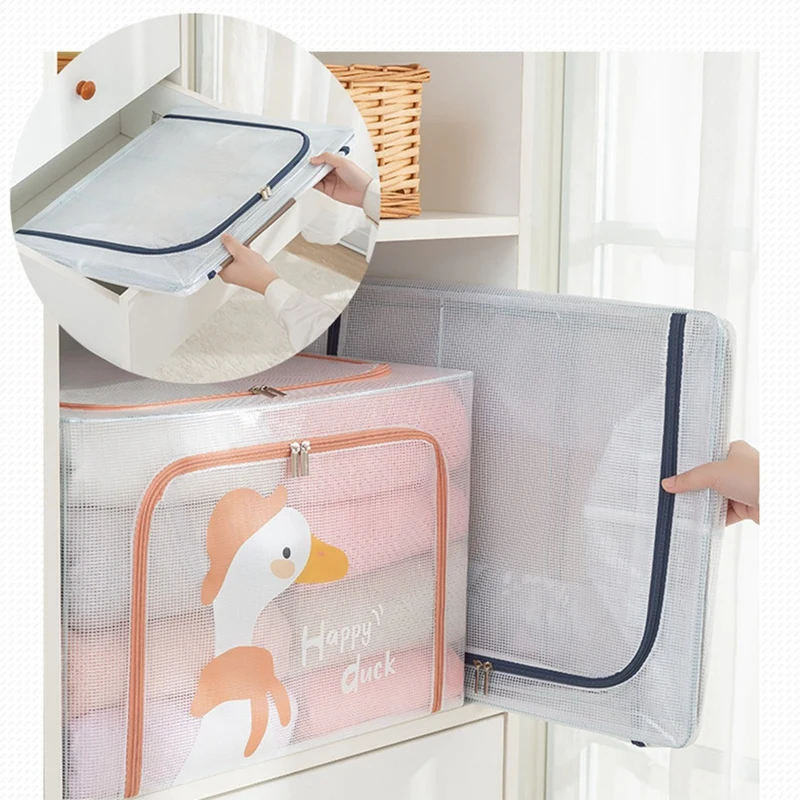 66L Clothes Storage Box Foldable Closet Organizer PVC Transparent Metal Frame Sorting Luggage Container