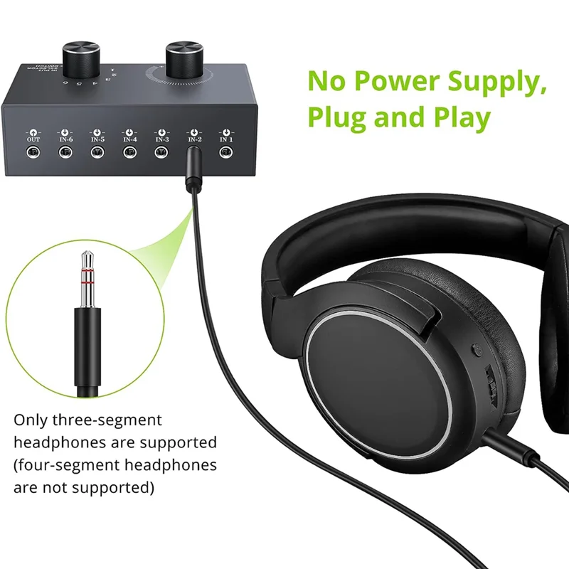 6 Ports 3.5mm Audio Switch Bidirectional 3.5mm Audio Switcher Support 1 in 6 Out or 6 in 1 Out,for PC Phone Headphone