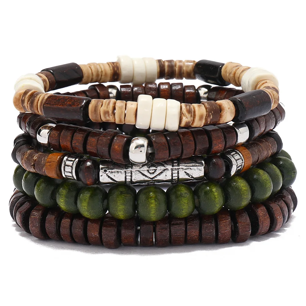 New Vintage Men\'s Bracelet Shell Coconut Shell Beaded Bracelet Multi Layer Handwoven Wooden Beaded Bracelet Bohemian Accessories