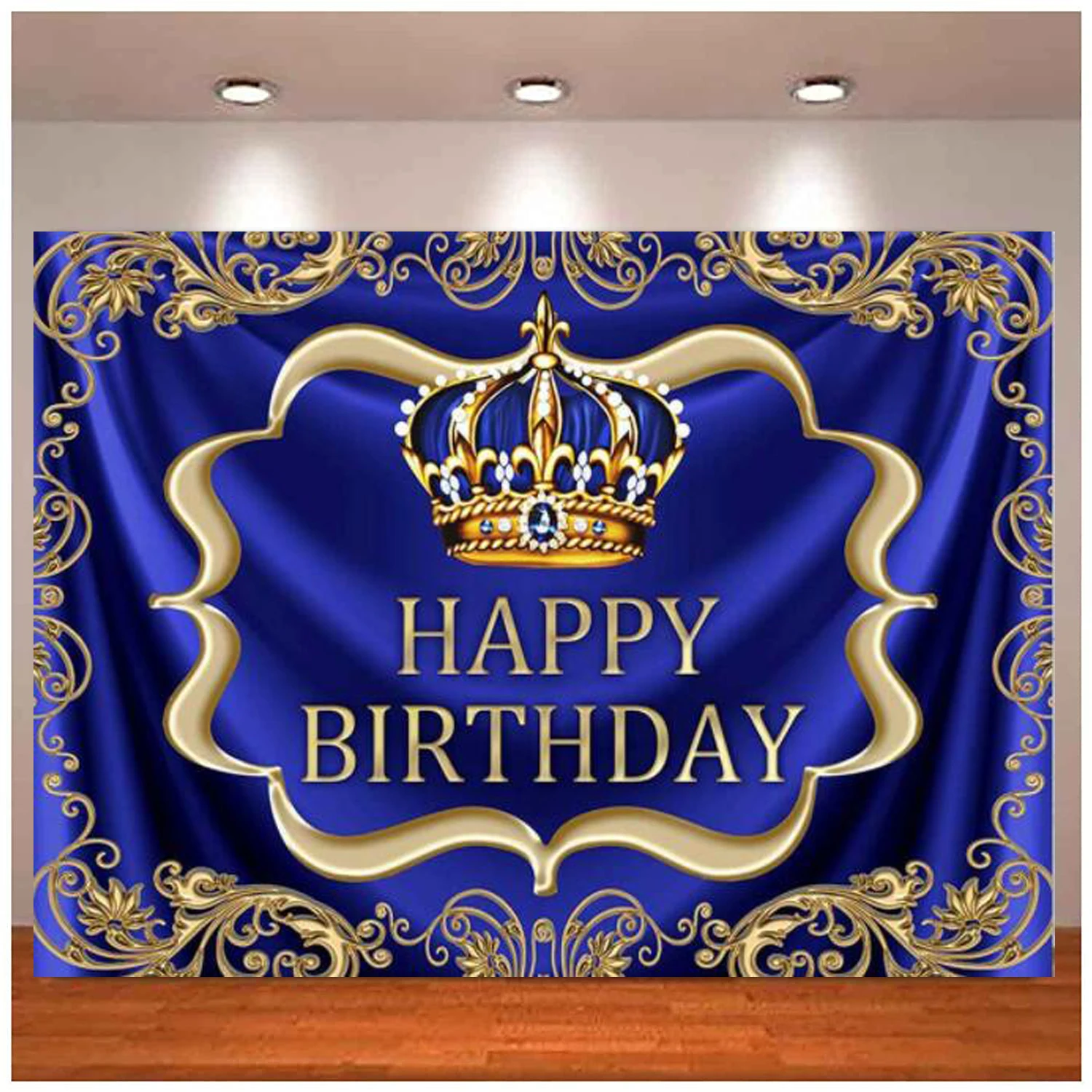 Royal Blue And Gold Photography Backdrop Little Baby Boy Prince King Crown Celebration Happy Birthday Party Background Banner