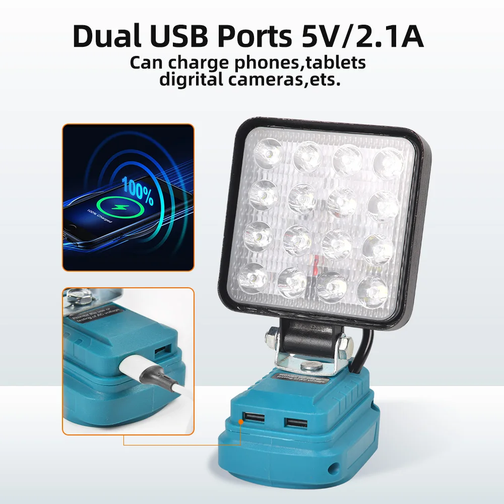 Światło robocze LED do przenośnego światło halogenowe Makita z portem USB, reflektor oświetleniowy odpowiedni do baterii Makita 18V BL1840 BL1850