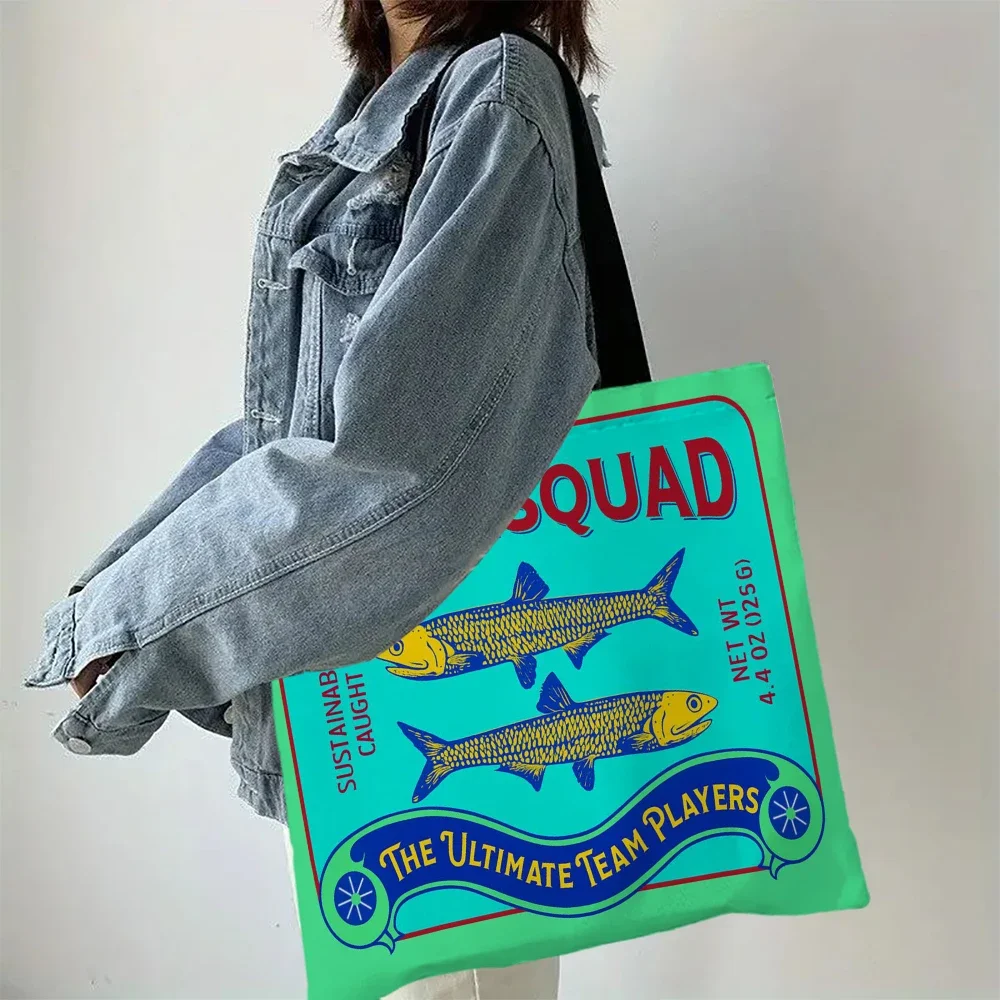 Bunte, trendige Sardinen-Druck-Freizeithandtasche, wiederverwendbarer modischer Rucksack, multifunktionale Einkaufstasche, Polyester-Einkaufstasche – Detail 13
