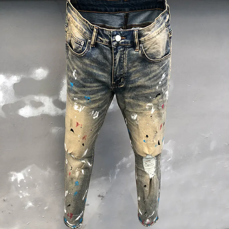 

Old Wash Water Stretch Jean Skinny Tapered Trouser New Retro Splash Ink Jean Hombre Patch Biker Streetwear Ripped Denim Pant