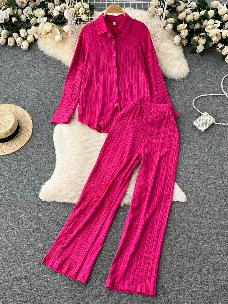 Spring Autumn Pleated Two Piece Sets Women Casual Loose Sleeve Shirt Top+High Waist Drop Wide Leg Long Pants Suits