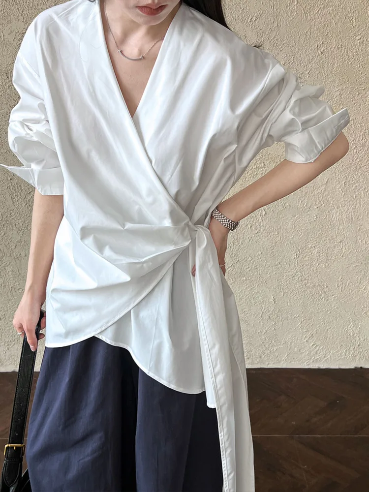 BJTZ Irregular Waistband Tied Shirt&blouse For Women 2025 Spring Summer Trendy Solid Color Loose Designer V-neck Shirts Top