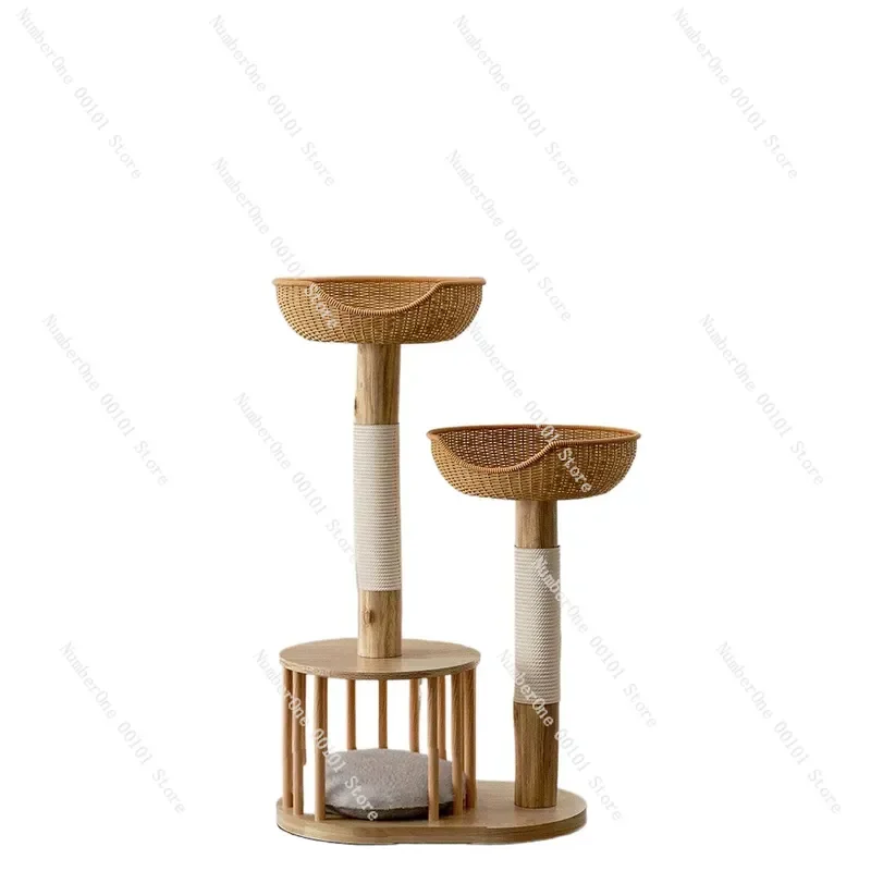 Luxury Solid Wood Cat Tree with Sisal Scratching Post Cozy Nest for Small Apartments Modern Rattan Design Multi Level