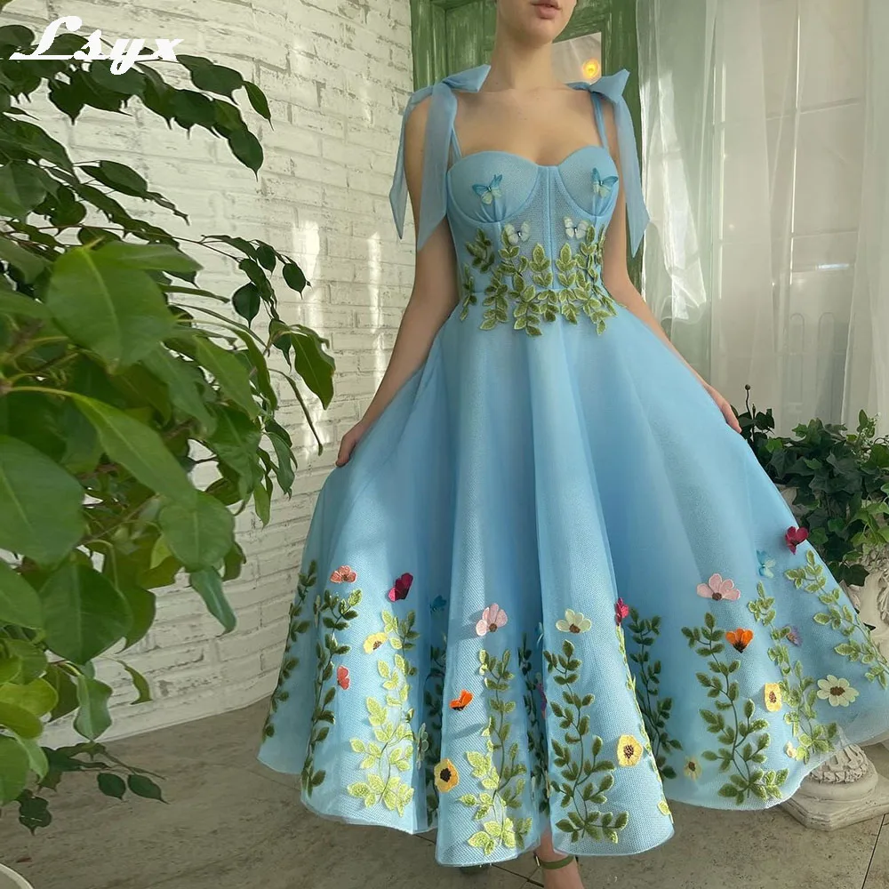 LSYX Pastrol Prom Gown Spaghetti Strap A-line Tea-Length Evening Dresses 2024 Exquisite Applique Birthday Party Dresses