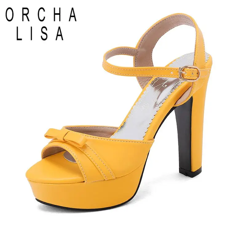 

ORCHA LISA Blue Sexy Female Sandals Peep Toe 12cm Thick Heel 3.5cm Platform Buckle Strap Bowknot Plus Size 48 49 50 Sexy Shoes