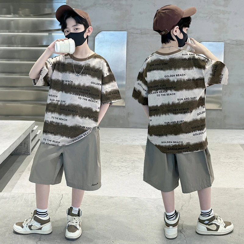 

Kids Luxury Summer Stripe Clothes Set for Teen Boy Cotton Tshirt Shorts 2 Pcs Tracksuit Outfit Child Casual Top and Bottom Suit