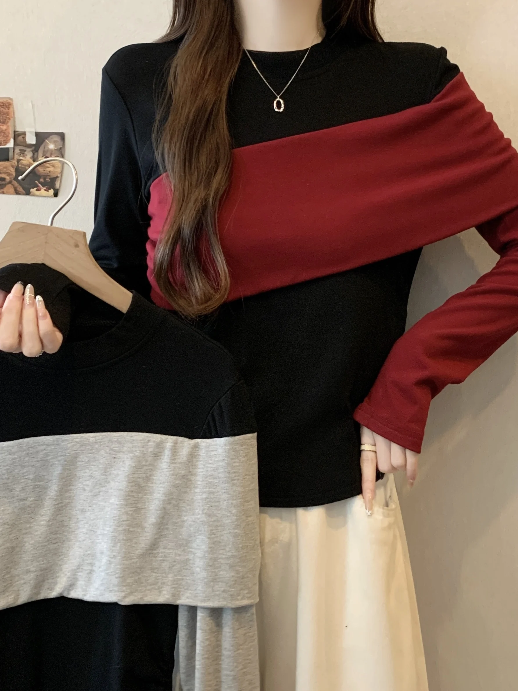 

Vintage Contrast-color Red Knitted Pullover For Women Asymmetric Spliced Thin Sweater Top Autumn Trendy Office Warm Bottom Shirt