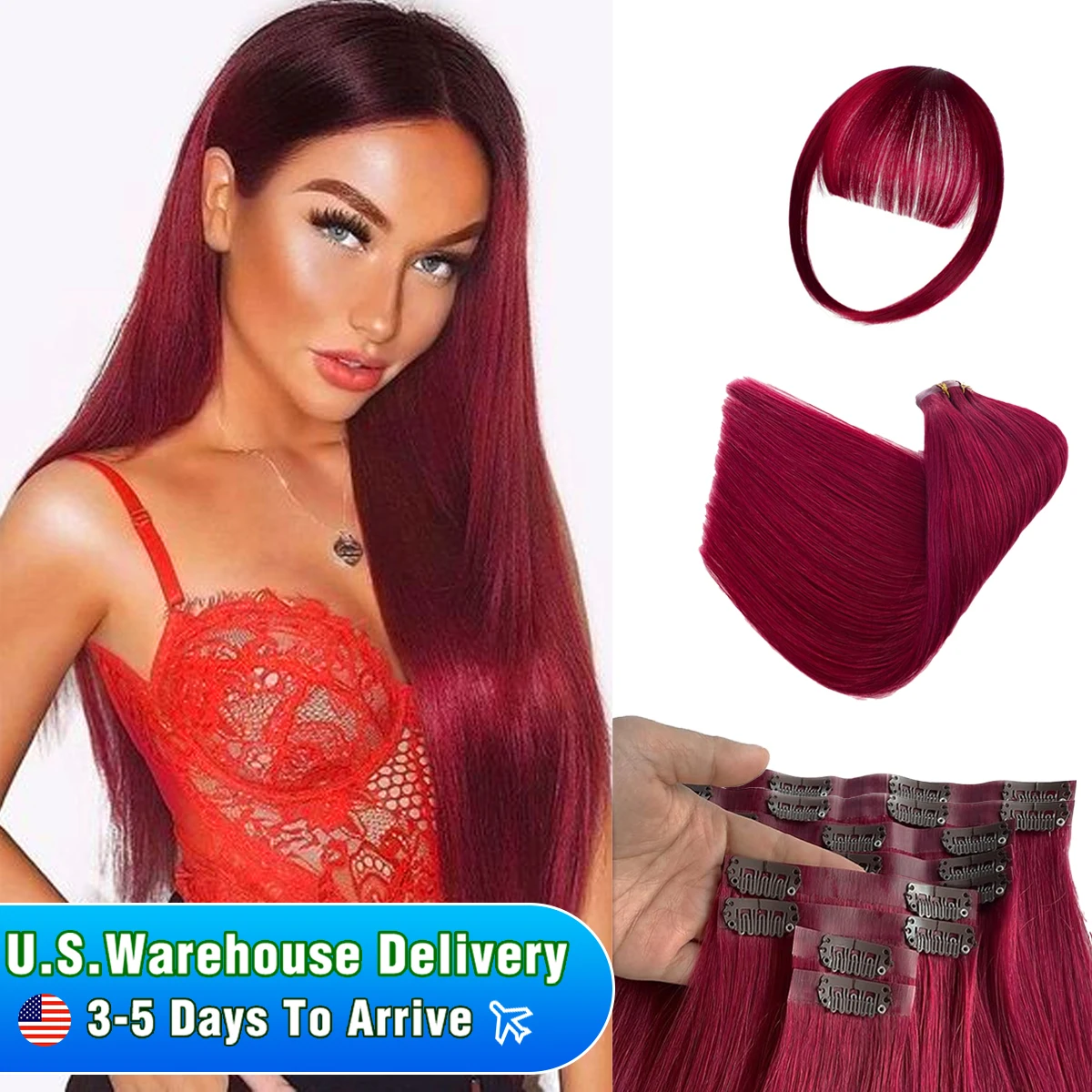 Clip in Hair Extensions Burgundy 99J 100% Real Human Hair 24inch 10Pcs Natural Straight Hair Extensions Dark Red For Women