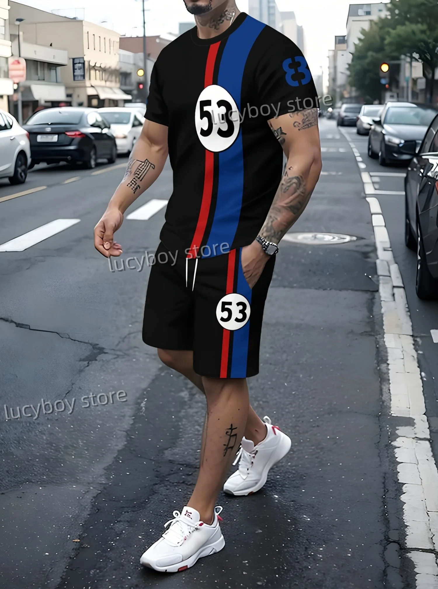 2025Men 53 Printed Set 2 Piece Set Men T-Shirt Shorts Pants Suit Casual Short Tracksuit Vintage Outfit Sportswear Male Clothing - Image 2