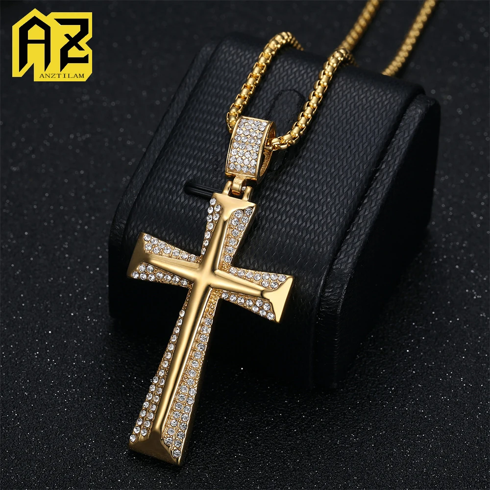 

Anztilam Iced Cross No Fade 316L Stainless Steel Iced Out Pendant with Long Link Chain Necklaces for Women Men Hip Hop Jewelry