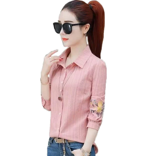 Ele Long Sve للسيدات irt 95% قطن مطرز بالزهور بقصة ضيقة وطبقة أساسية ربيعية عصرية كورية بياقة Sle B...